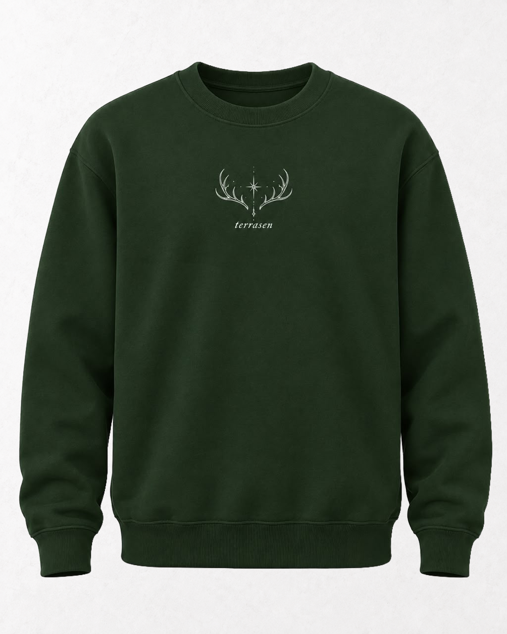 Sudadera verde oscuro con astas, una estrella y el nombre terrasen