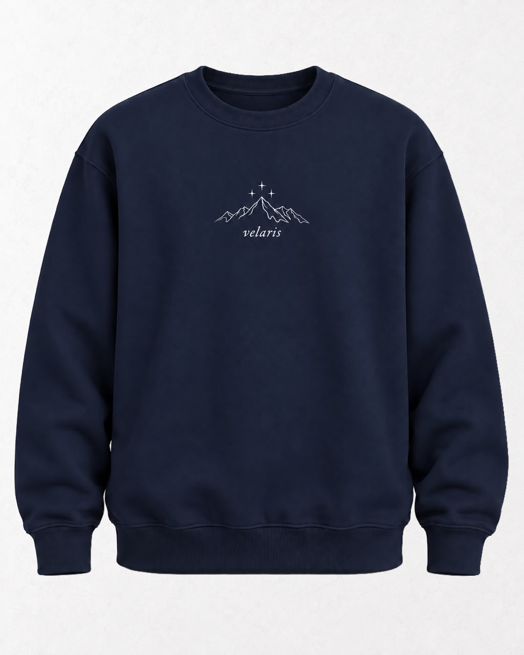 Sudadera azul marino con montañas, tres estrellas y el nombre velaris